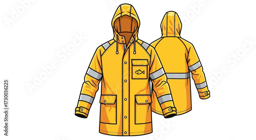 Yellow hooded rain jacket with reflective stripes shown from front and back.