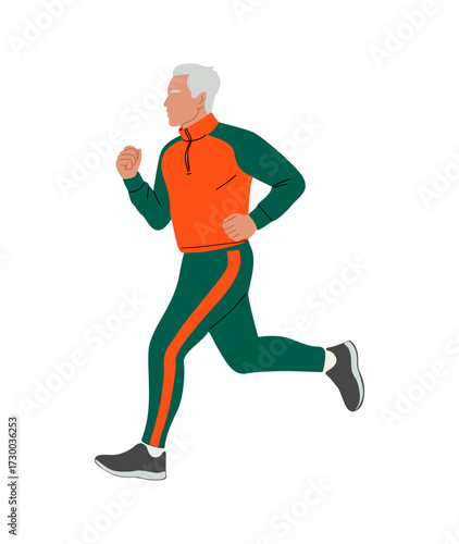 Senior man jogging in side view, lean body, wearing red and green track suit, Flat vector illustration isolated on transparent background. Perfect for fitness, health, and lifestyle design. 