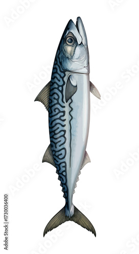 Illustration of a mackerel fish with blue and silver coloring on white.