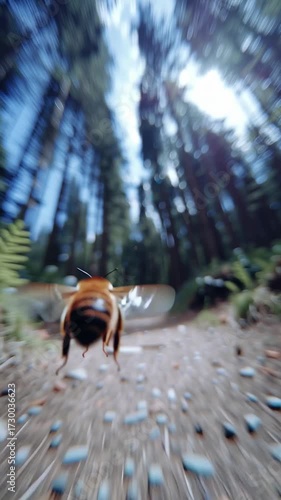 View from the perspective of a bee flying dynamically through a forest.