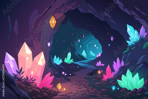 Showcasing Cave Glowing With Neon Crystals Bold Unde Crisp High-Quality Stock Image