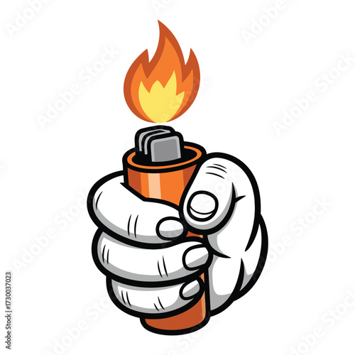 Hand holding burning lighter with orange flame, pop art comic style illustration, ignition and fire concept