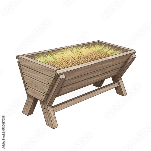 Wooden manger filled with hay stands isolated against a white background.