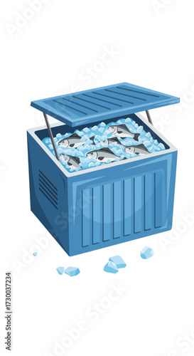 Blue cooler box with ice cubes partially open on a white background.