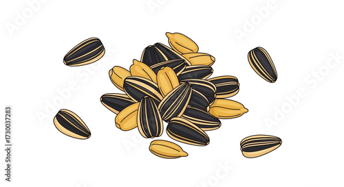 Pile of sunflower seeds with black and tan shells on a white background.