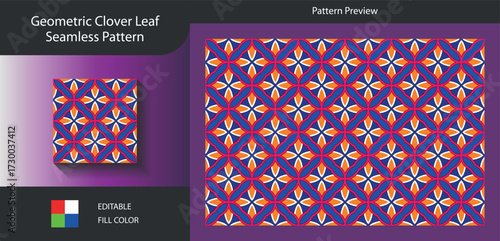 Art of geometric clover leaf seamless pattern with blue, white, and orange colors, a modern and eyecatching design that adds a touch of elegance and sophistication to any project
