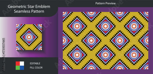 Art of geometric star emblem seamless pattern design featuring intricate star shapes, perfect for textile prints, backgrounds, and creative projects that require a unique and eyecatching design