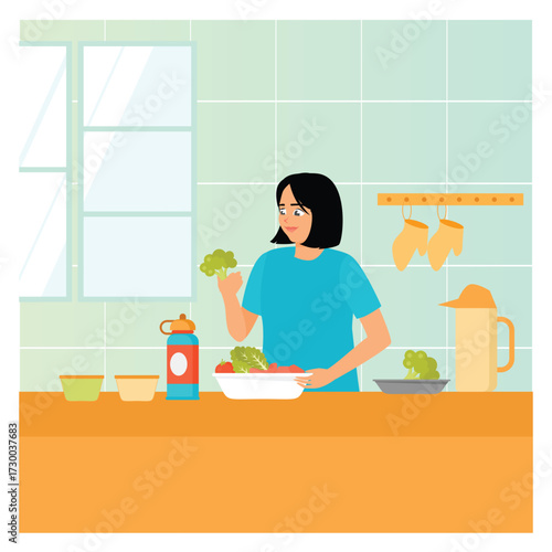 Carbohydrate cycling diet concept. Woman Preparing Fresh Salad in Modern Kitchen.