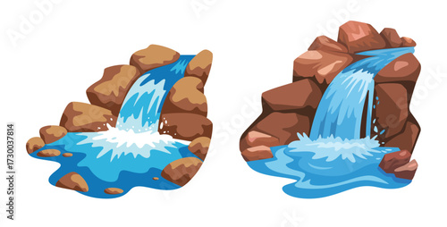Two waterfall scenes with water and rocks vector illustration for game or cartoon background