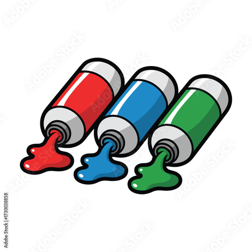 Paint tubes with primary colors spilling out red blue green paint art supplies creativity drawing tools artist equipment