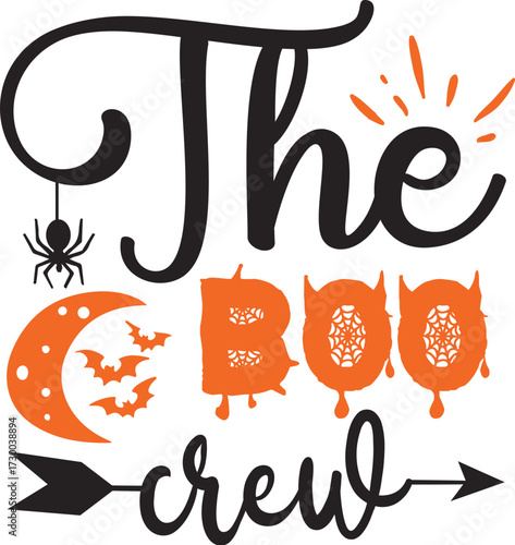 The boo crew design with pumpkin, bat and spider webs, halloween t shirt design, halloween vector file