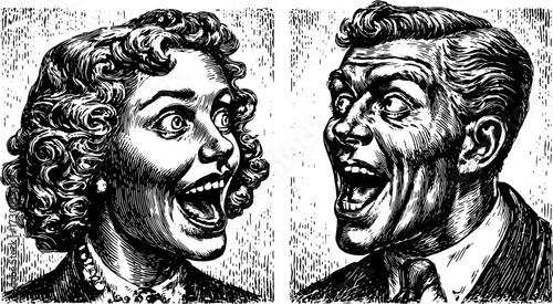 Vintage illustration of smiling men and women with open mouths expressing joy. Engaging vector art showcasing cheerful faces in a set.
