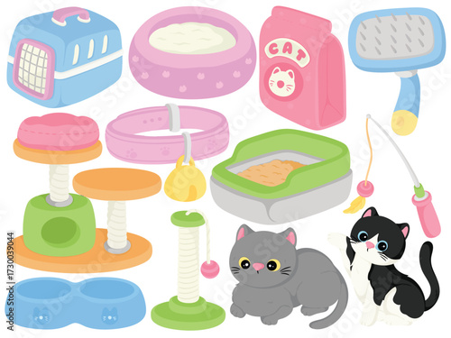 Cute cartoon cat and pet supply clip art illustration with litter box food bowl scratching post toy collar brush carrier bed and playful kitten 