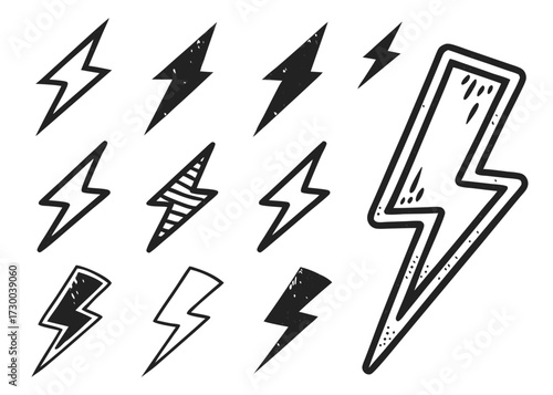 Dynamic hand-drawn lightning bolts flashes for electrifying design projects, perfect for logos, icons, and attention-grabbing graphics, originally scalable vector art