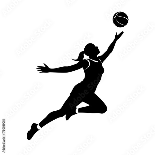 Dynamic basketball player silhouette in mid-air reaching for the ball, embodying agility and sportsmanship, ready for game-winning action
