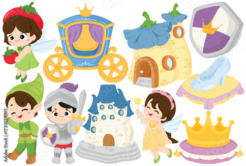 Cute cartoon fairy tale clip art illustration with princess prince knight fairy castle pumpkin house carriage glass slipper crown and shield element in decorative fantasy handdrawn design