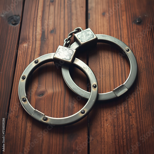 vintage metal handcuffs on the wooden table