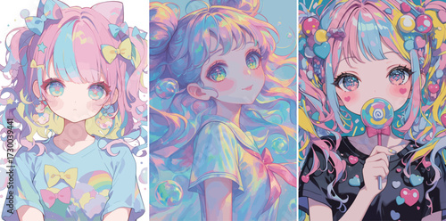 Three vibrant illustrations depict anime girls with unique hairstyles and playful accessories, blending pastel colors and whimsical styles that captivate viewers.