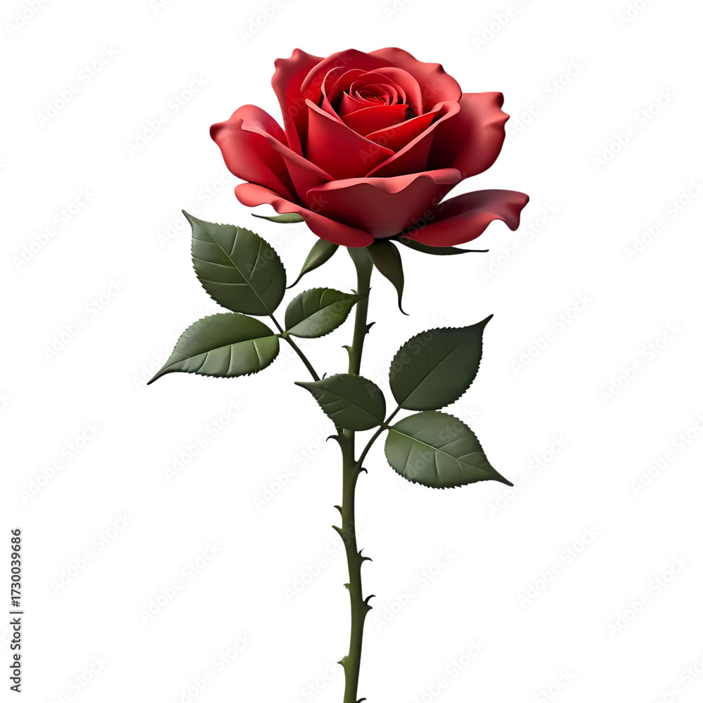 Fototapeta premium 3d Elegant red rose with stem and thorns nature isolated on transparent background