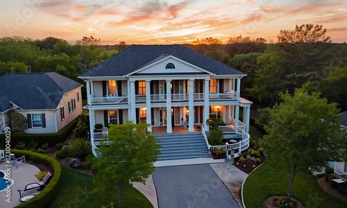 Grand colonial style house with columns and balconies at sunset with colorful sky home