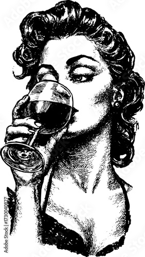 Vintage illustration of a woman sipping wine from a glass. Elegant black and white set in a detailed vector style.