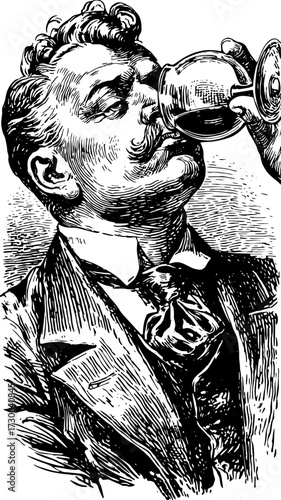 Man sipping a drink from a glass. Vintage illustration featuring an elegant style, showcasing a sophisticated atmosphere in a vector format.
