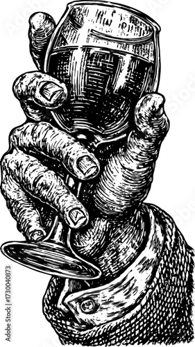 Hand holding a glass in a vintage sketch style. This detailed black and white vector illustration emphasizes classic design and craftsmanship.