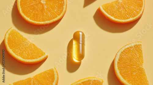 Vitamin C capsule, oral intake. Ascorbic acid antioxidant formula. Medication pill, medicine, healthcare, dietary vitamins, minerals, supplements medical concept. Wellness, therapy