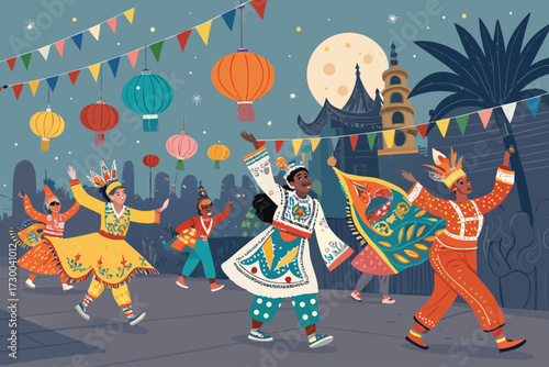 Featuring Cultural Parade With Glowing Costumes Bold Vecto Vibrant Premium Digital Asset