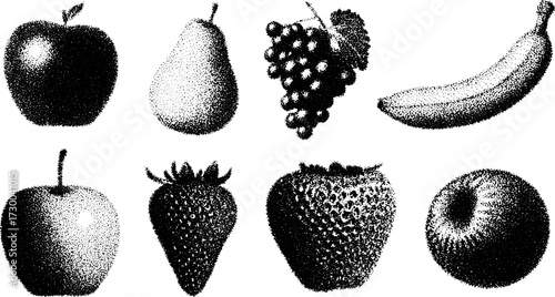 Fruits vector illustration set: apple, pear, banana, grape, strawberry, and blackberry in flat monochrome style. Includes simple designs with details.
