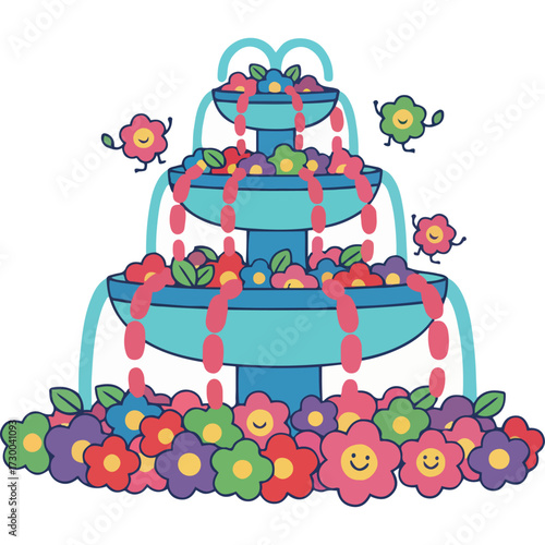 A whimsical cartoon illustration of a magical three-tiered fountain overflowing with beautiful, happy flower characters. A joyful and colorful scene for a spring festival or children's party theme.