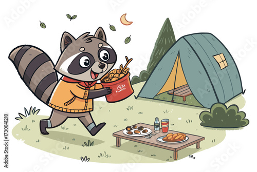 Featuring Cute Cartoon Raccoon Stealing Food From Campsite Vibrant Premium Digital Asset