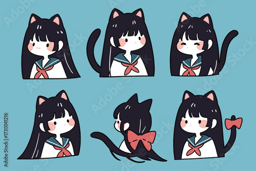 A young girl with long dark hair and cat ears shows different cute poses, wearing a sailor uniform with a red bow. She conveys a range of playful emotions.