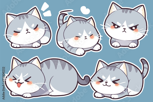 A collection of five cartoon cats shows various expressions and postures on a soothing blue background. The cats display cuteness and charm in their poses.