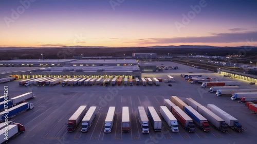 Aerial View of a Large Distribution Warehouse and Truck Yard at Dusk image photo