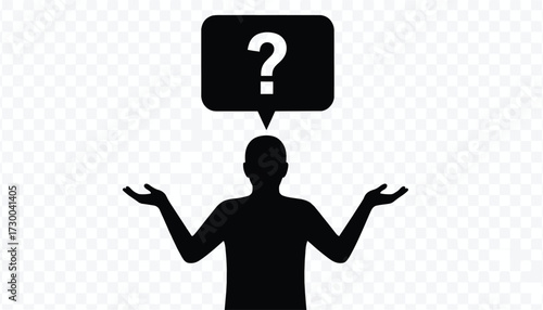 Vector art of silhouette of a person with a question mark in a speech bubble above their head, shrugging their shoulders in confusion 