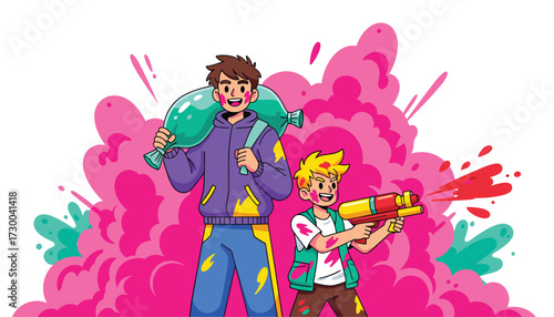 Vector art of two happy boys playing with water guns and balloons filled with pink powder during holi festival 