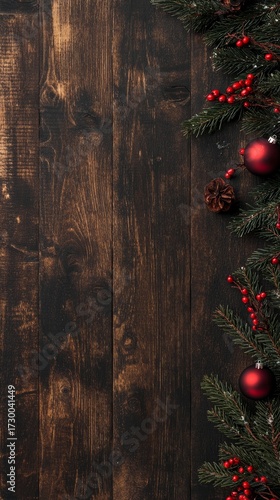 Wooden Christmas background featuring pine branches and red holiday ornaments arranged on the right side in top view flat lay composition with dark brown tones