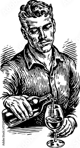 Man pouring wine from a bottle into a glass. Vintage vector illustration showcases a classic drink serving style in an artistic manner.