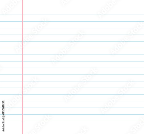 Blank lined notebook paper background with blue horizontal lines and red margin, perfect for school, office, writing, education, stationary design, digital templates, and creative projects.