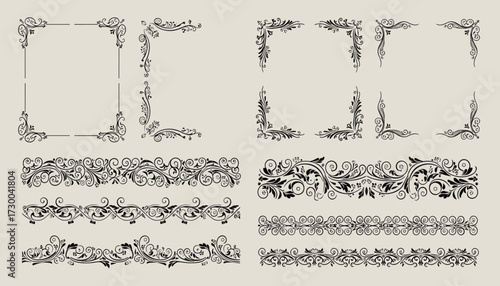 Vector art of collection of vintage ornamental frames and borders in black and white, perfect for elegant design projects