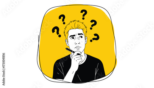 Vector art of man with a pen in his hand, looking thoughtful with question marks around his head 