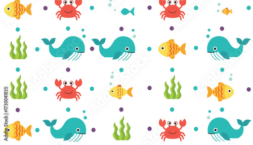 Vector art of cute cartoon underwater seamless pattern with fish, whales, crabs and seaweed 