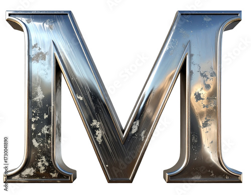 Set of Stock photo of a metallic letter M with a brushed steel texture on transparent  