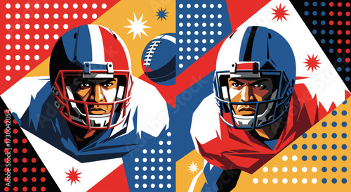 Mural style illustration of American football players in action, capturing intensity, teamwork, and strategy with bold colors and dynamic energy on the field