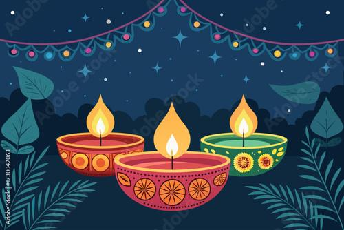Featuring Diwali Lamps Glowing Night Bold Elegant High-Quality Stock Image