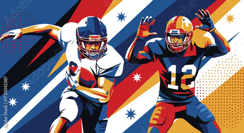 Mural style illustration of American football players in action, capturing intensity, teamwork, and strategy with bold colors and dynamic energy on the field