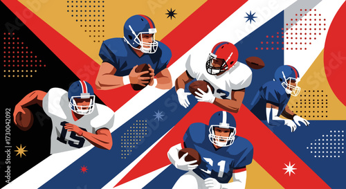 Mural style illustration of American football players in action, capturing intensity, teamwork, and strategy with bold colors and dynamic energy on the field