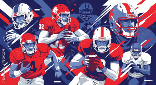 Mural style illustration of American football players in action, capturing intensity, teamwork, and strategy with bold colors and dynamic energy on the field