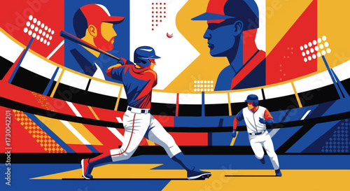 Mural style illustration of baseball players in action, highlighting the intensity of batting and fielding with bold geometric shapes, vivid colors, and dynamic energy on the field